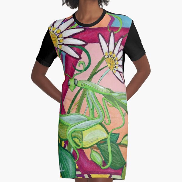 Praying Mantis in Flowers Graphic T-Shirt Dress