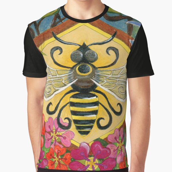 Mid Century Modern Bee on Honeycomb with Flowers Graphic T-Shirt