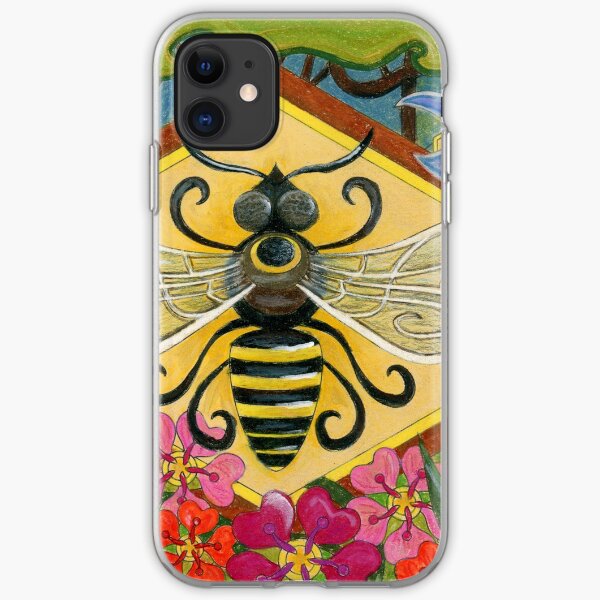 Mid Century Modern Bee on Honeycomb with Flowers iPhone Soft Case