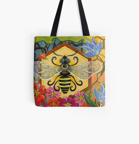 Mid Century Modern Bee on Honeycomb with Flowers All Over Print Tote Bag