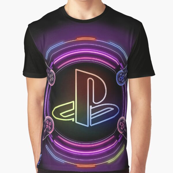 Vista previa del artículo con la obra «Icono de Playstation en forma de círculo de neón», diseñado y vendido por Ritik11.