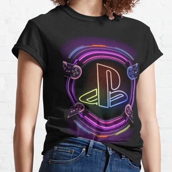 Vista previa del artículo con la obra «Icono de Playstation en forma de círculo de neón», diseñado y vendido por Ritik11.