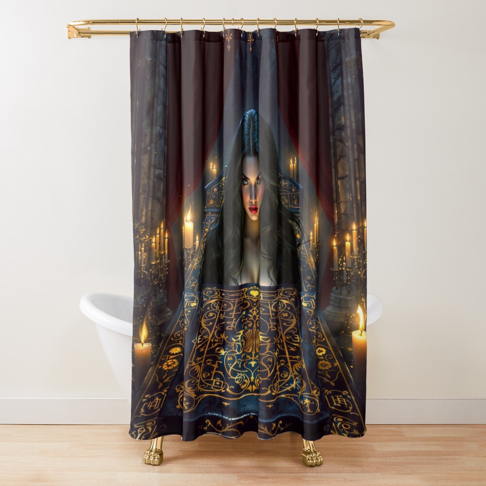 She Cast Her Dark Enchantment As She Rises At Midnight Amidst Candlelight AI Concept Art by Xzendor7 | A Beauty Of The Ethereal Realm 4 She Cast Her Dark Enchantment As She Rises At Midnight Amidst Candlelight Gorgeous AI Concept Art by Xzendor7 Decorative Art Print Shower Curtain