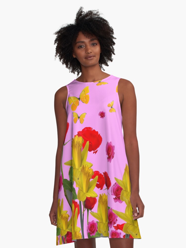 YELLOW BUTTERFLIES RED ROSES DAFFODILS A-Line Dress for Sale by