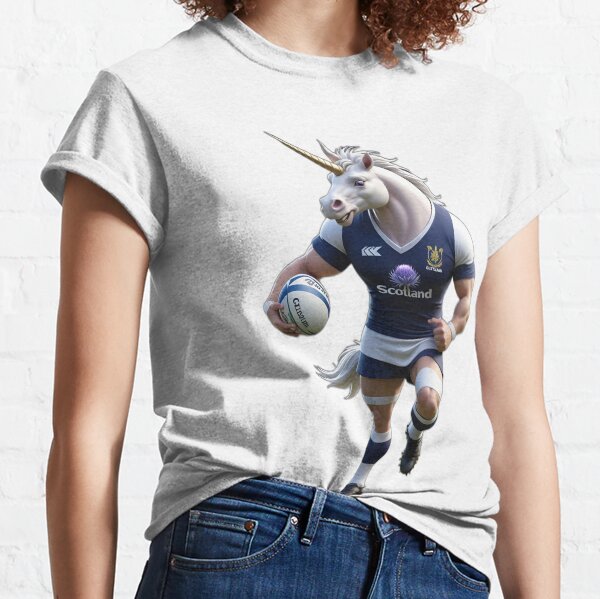 Item preview, Unicorn playing rugby in the Scotland shirt with the thistle designed and sold by Creativeatwork.