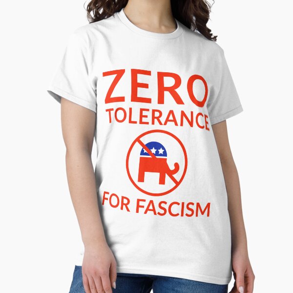 Vista previa del artículo con la obra «Tolerancia cero para el fascismo, diseño anti-republicano», diseñado y vendido por Rachel the Artist .