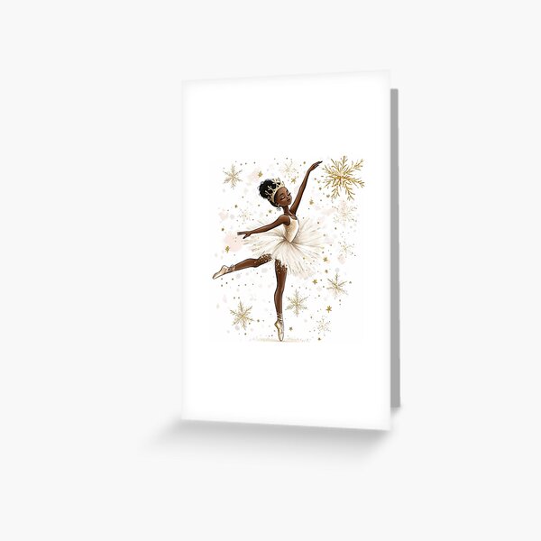 Aperçu de l'œuvre affiche de ballerine noire en danse b5lom sur fond de flocons de neige dorés sur fond blanc, affiche de petite ballerine afro-américaine créée et vendue par AlinaMalina24.