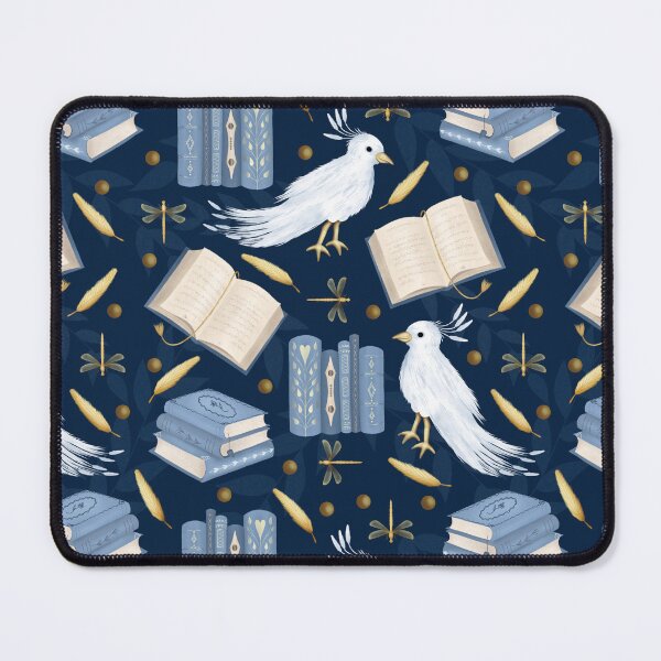 Item preview, Mythical Caladrius and Books Pattern on dark blue designed and sold by AnnikaisDrawing.