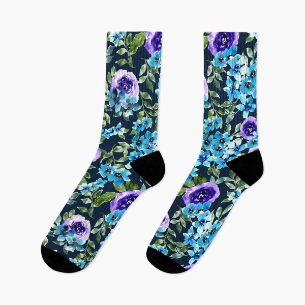 Item preview, Watercolor purple roses and Light Blue and Indigo Flowers - dark blue designed and sold by JasmineGDesigns.