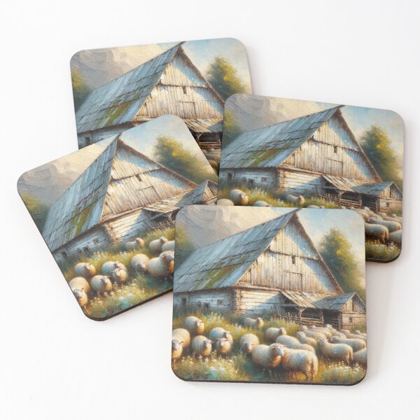 Item preview, Rustic Barn and Grazing Sheep at Sunrise designed and sold by mustardseed-410.