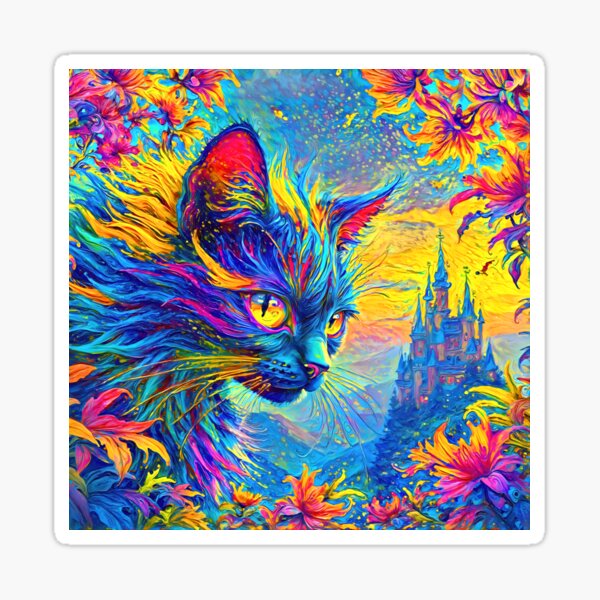 Enchanted Cat, Castle, and Rainbow Hues Sticker