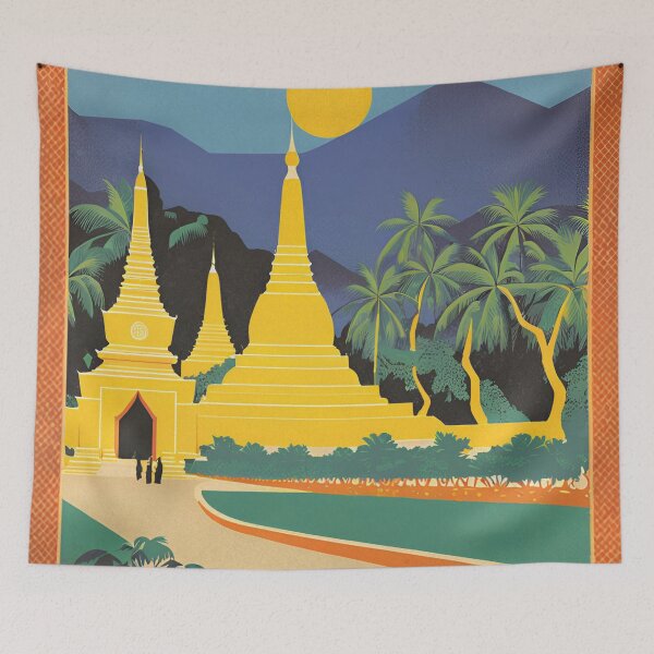 Item preview, Vintage Travel Art Print – Pagode d’Or, Laos: Ancient Pagoda under a Full Moon designed and sold by Lost-Horizons.