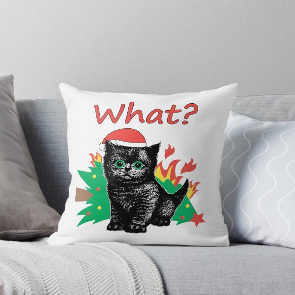 Artikelvorschau, Flauschiges kleines schwarzes Kätzchen mit Weihnachtsmütze lässt Weihnachtsbaum fallen. Slogan: Was? entworfen und verkauft von Marina Smorodinskaya.