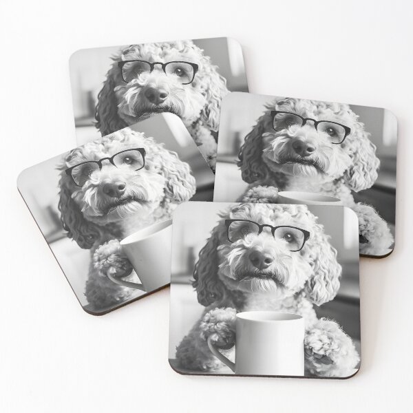 Item preview, Labradoodle Dog Drinking Coffee & Wearing Glasses designed and sold by CheekyAnimalz.