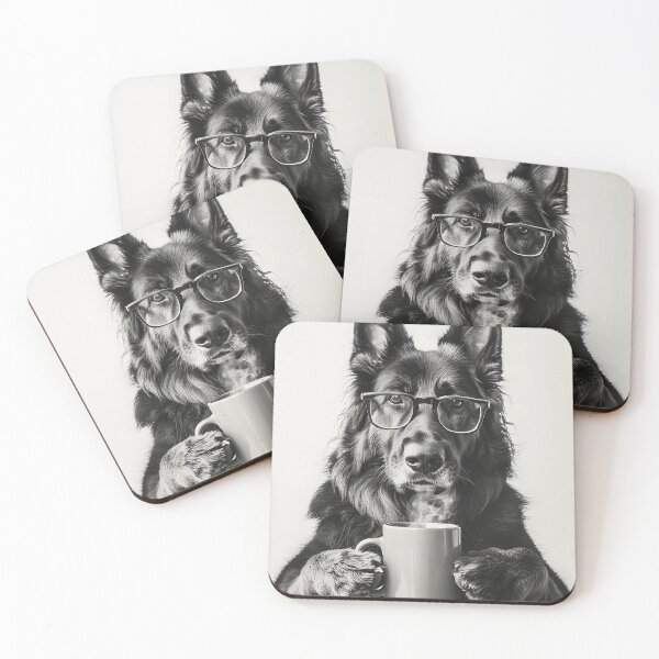 Item preview, German Shepherd Dog Drinking Coffee & Wearing Glasses designed and sold by CheekyAnimalz.