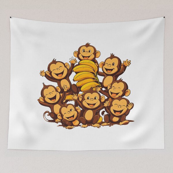 Item preview, cheerful group of cartoon monkeys gathered around a large bunch of bananas designed and sold by MamaDong.