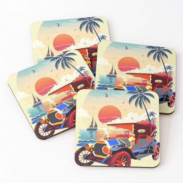 Artikelvorschau, Oldtimer bei Sonnenuntergang an einem palmengesäumten Strand entworfen und verkauft von VikArtStudio.