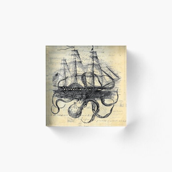 Octoship on Multi collage Joural paper Acrylic Block