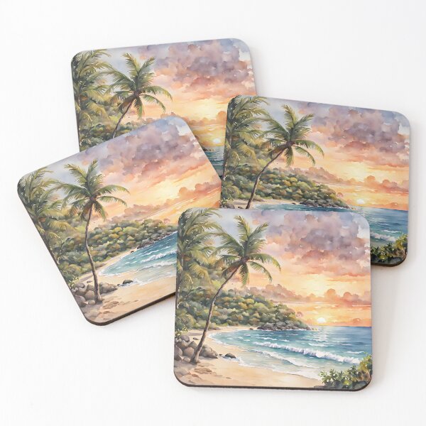 Item preview, Mustique Beach: Watercolor Sunset Beauty on Display designed and sold by LSVart.