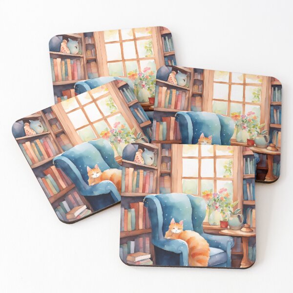 Item preview, Cozy Library Corner with Soft Lights, Colorful Books, and Sleeping Cat designed and sold by Jasava Shop.