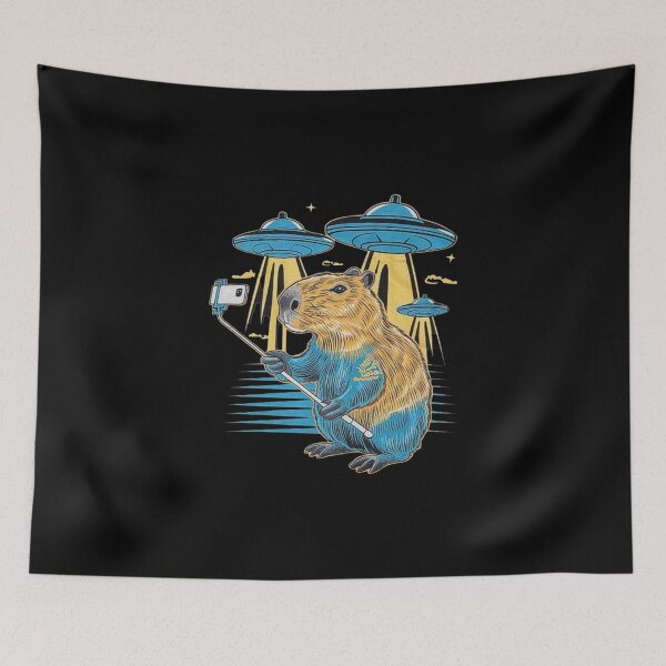 Item preview, Capybara Selfie with UFOs - Funny Alien Encounter Art designed and sold by love3617.