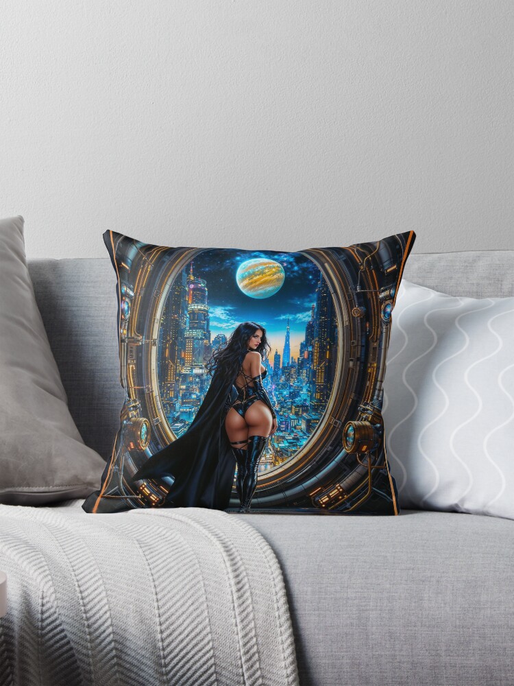 A Woman In Black Overlooking A Metropolis Invites You Into Her Domain AI Concept Art by Xzendor7 | Her Dark Beauty Captivating 4 A Woman In Black Overlooking A Metropolis Invites You Into Her Domain Gorgeous AI Concept Art by Xzendor7 Decorative Art Print Throw Pillow