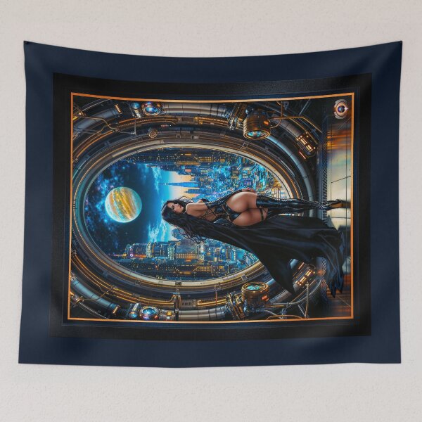 Item preview, A Woman In Black Overlooking A Metropolis Invites You Into Her Domain Gorgeous AI Concept Art by Xzendor7 designed and sold by Xzendor7 Digital Art Creations.
