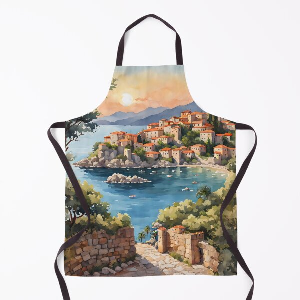 Item preview, Sveti Stefan: Watercolor Sunset in Montenegro's Village designed and sold by LSVart.
