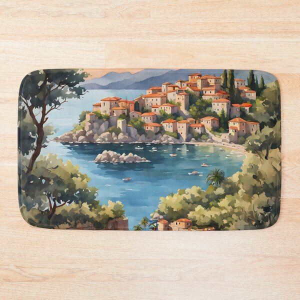 Item preview, Sveti Stefan: Watercolor Sunset in Montenegro's Village designed and sold by LSVart.