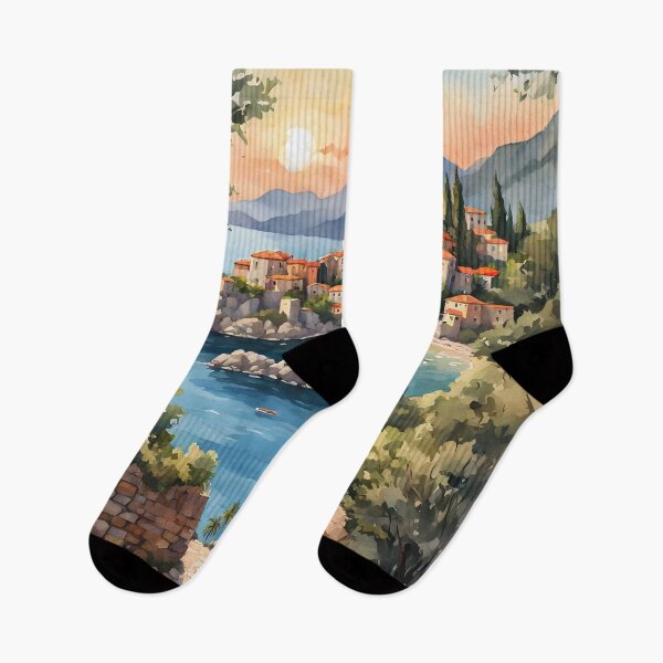 Item preview, Sveti Stefan: Watercolor Sunset in Montenegro's Village designed and sold by LSVart.
