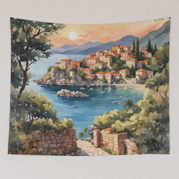 Item preview, Sveti Stefan: Watercolor Sunset in Montenegro's Village designed and sold by LSVart.
