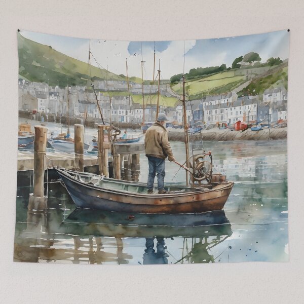 Item preview, Looe Harbor: Watercolor Fishing, Canvas of Tranquility designed and sold by LSVart.