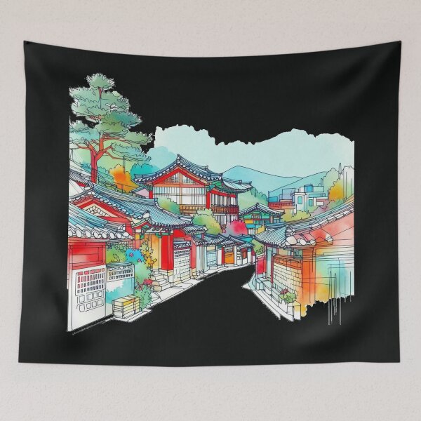 Item preview, Seoul Bukchon Hanok Village, South Korea - Beautiful 3D Illustration, designed and sold by PaintMeWorld.