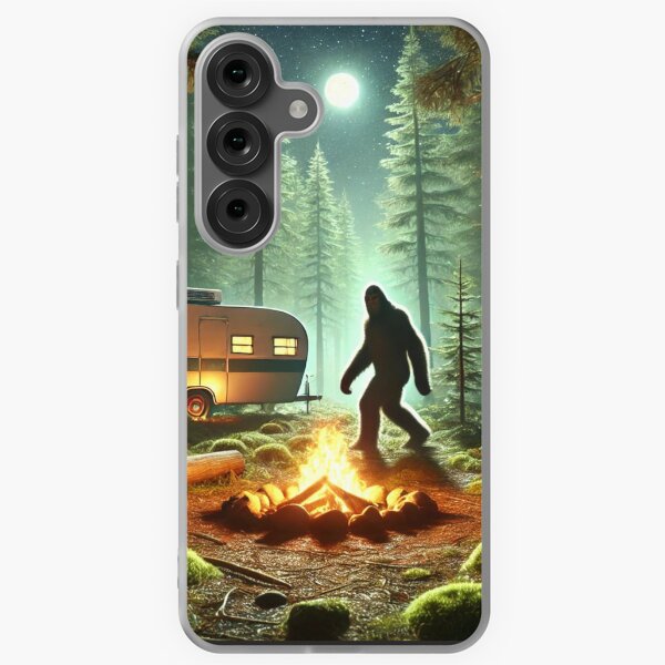 Aperçu de l'œuvre Bigfoot sous la lune dans les montagnes : une rencontre autour d'un feu de camp créée et vendue par MarketMavenGift.