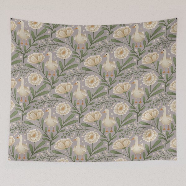 Item preview, Graceful Goose in Bloom, White Florals at a peaceful lake house in mist designed and sold by OzdeBayer.