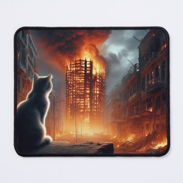 Item preview, Gato generado por IA que observa edificios en llamas designed and sold by AI-this-is-AI.