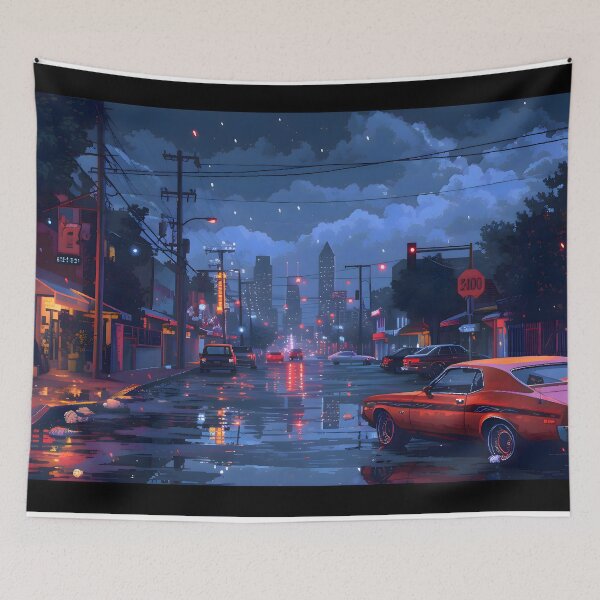 Item preview, Retro Neon Cityscape in the Rain designed and sold by GreenInkXpress.