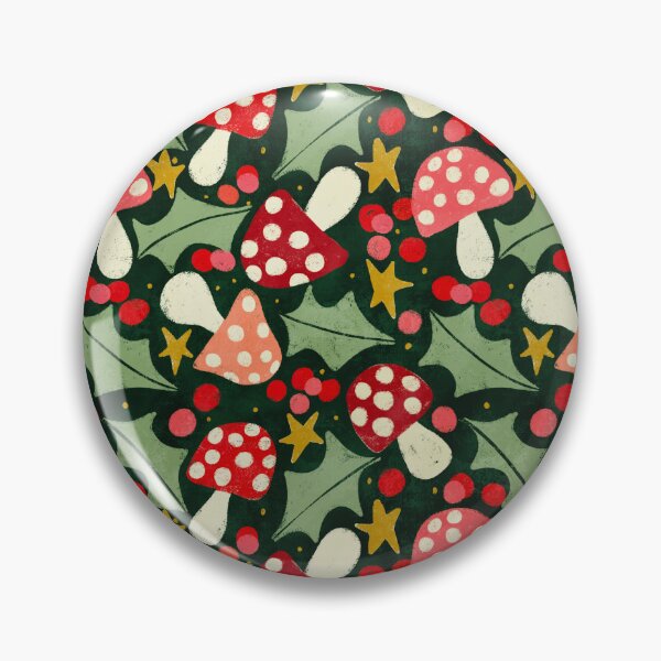 Item preview, Festive mushrooms, holly and berries on dark green designed and sold by SJAPhoto.