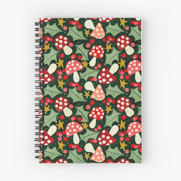 Item preview, Festive mushrooms, holly and berries on dark green designed and sold by SJAPhoto.