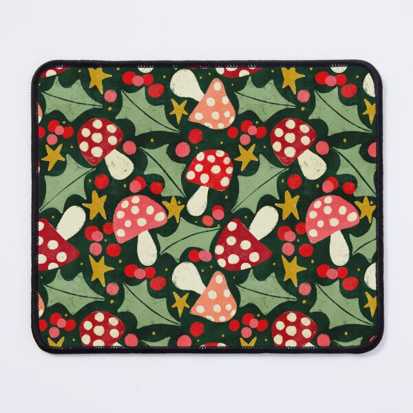 Item preview, Festive mushrooms, holly and berries on dark green designed and sold by SJAPhoto.