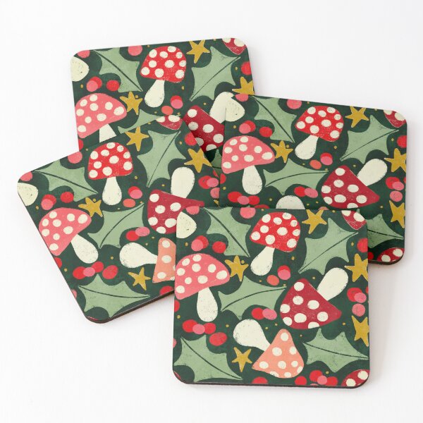 Item preview, Festive mushrooms, holly and berries on dark green designed and sold by SJAPhoto.
