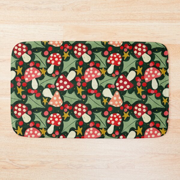 Item preview, Festive mushrooms, holly and berries on dark green designed and sold by SJAPhoto.
