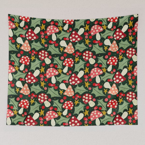 Item preview, Festive mushrooms, holly and berries on dark green designed and sold by SJAPhoto.