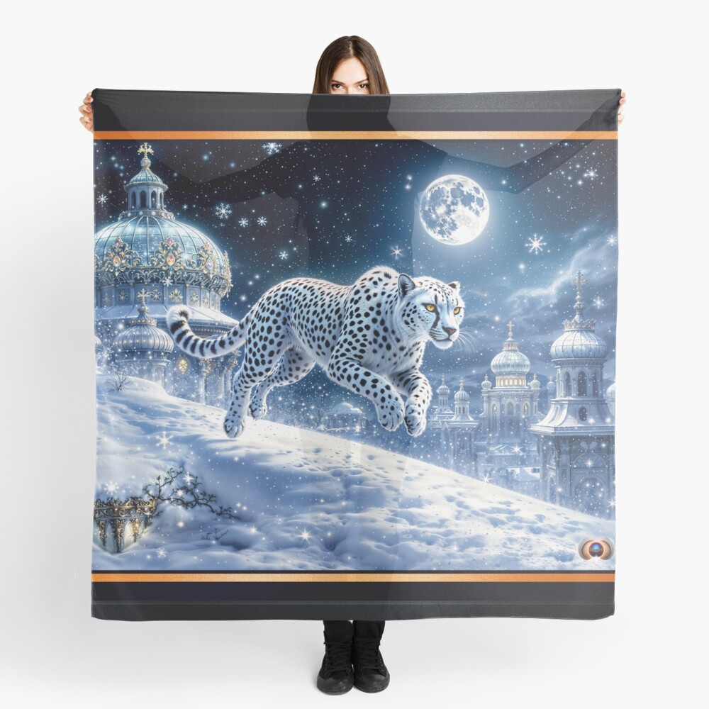Mystical White Cheetah Traversing An Enchanting Moonlit Winter Cityscape Dazzling AI Concept Art by Xzendor7 Decorative Art Print Ladies Scarf