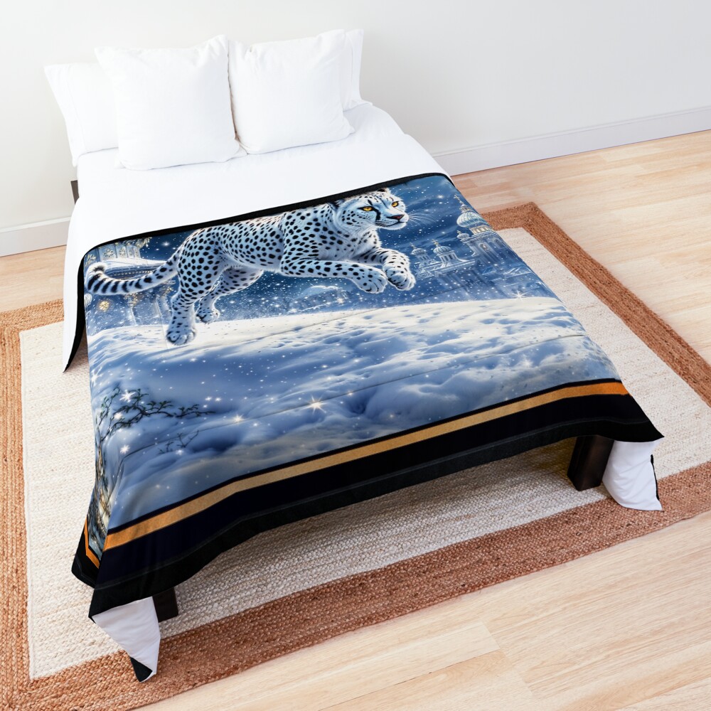 Mystical White Cheetah Traversing An Enchanting Moonlit Winter Cityscape Dazzling AI Concept Art by Xzendor7 Decorative Art Print Comforter