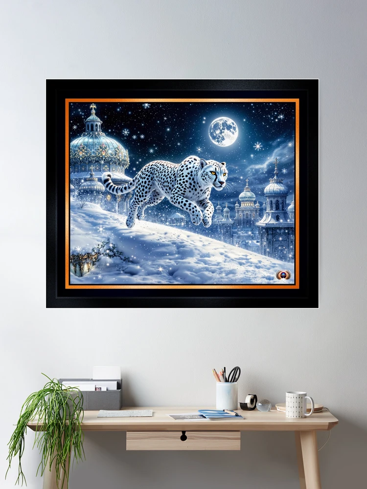 Mystical White Cheetah Traversing An Enchanting Moonlit Winter Cityscape Dazzling AI Concept Art by Xzendor7 Wall Decor Poster Art Print