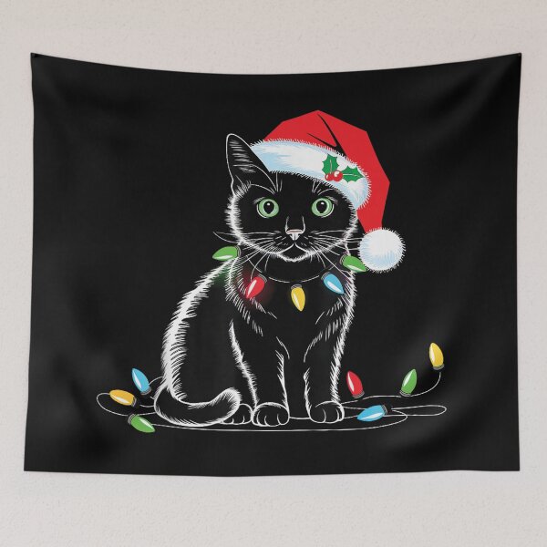 Item preview, Black Cat Christmas Lights Santa Hat Funny Xmas Cat Lover designed and sold by MariCanal.