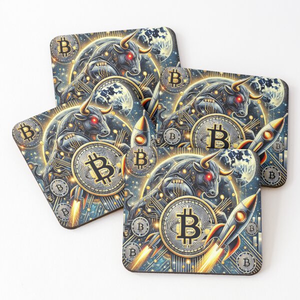 Aperçu de l'œuvre Le taureau du Bitcoin et la fusée vers la Lune – L'art cryptographique futuriste créée et vendue par photoparadise22.