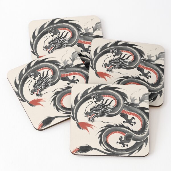 Item preview, Chinese lucky dragon red black in dynamic pose - Chinese ink drawing designed and sold by Kallandra.