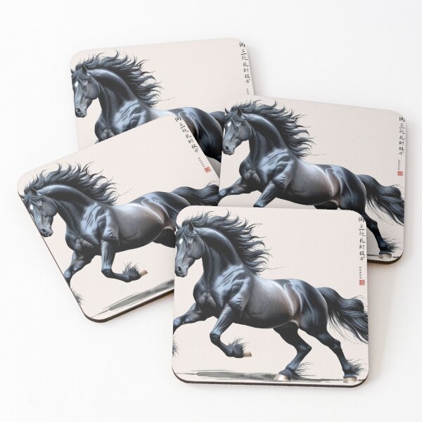 Item preview, Chinese black horse stallion in dynamic posture - Chinese ink drawing designed and sold by Kallandra.